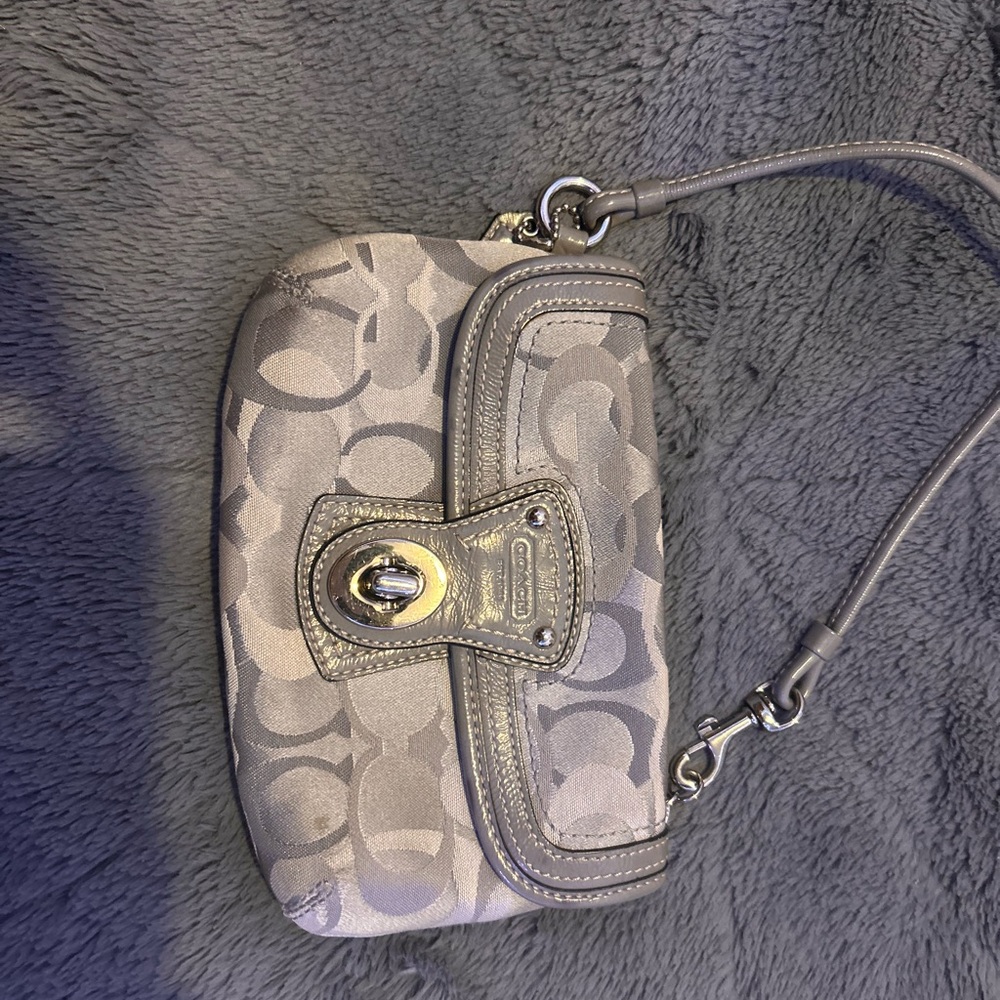 Coach Gray Clutch with Signature Monogram and Gold Hardware